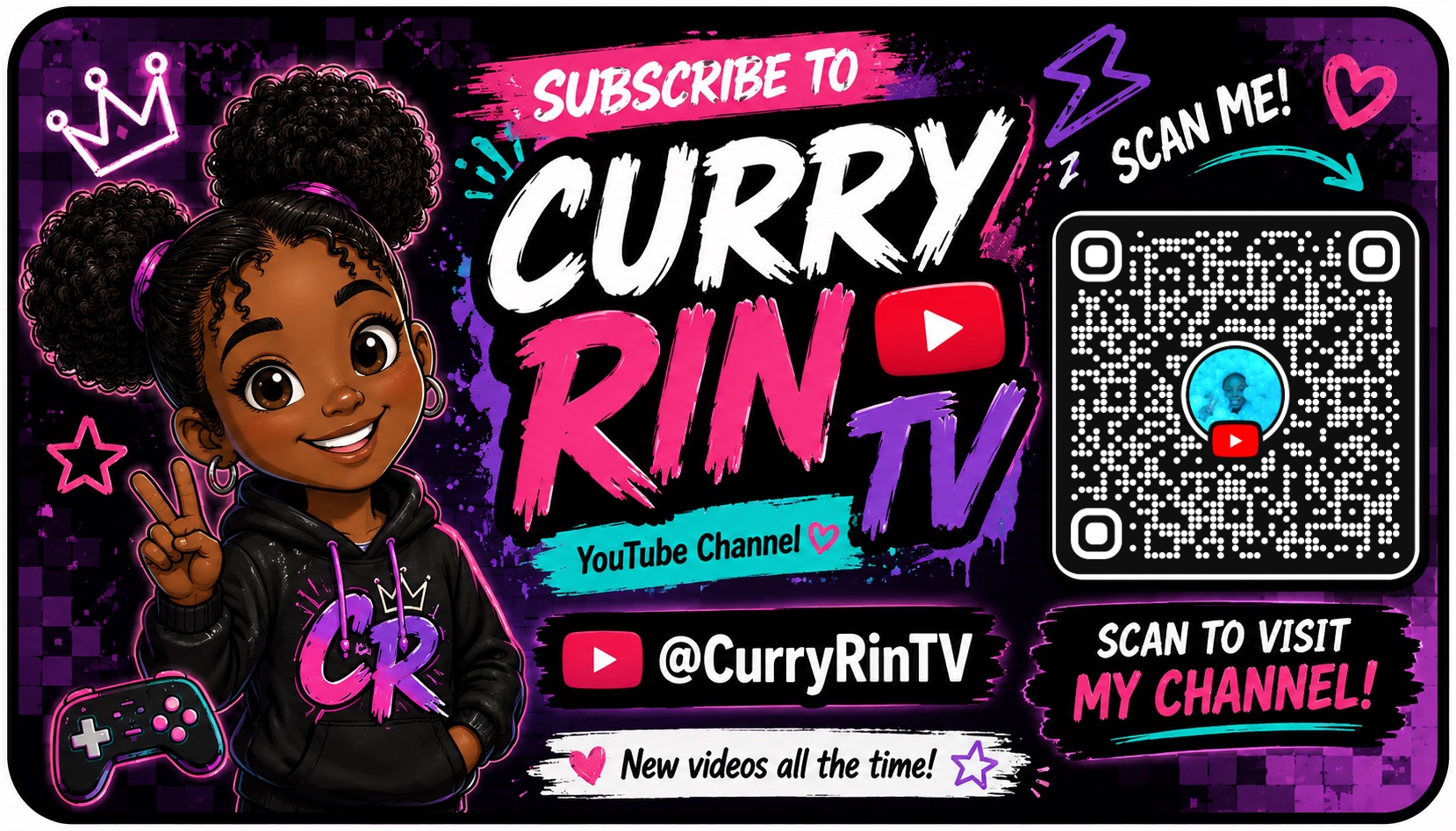 Curry Rin TV promotional graphic with illustrated gaming character and YouTube channel QR code