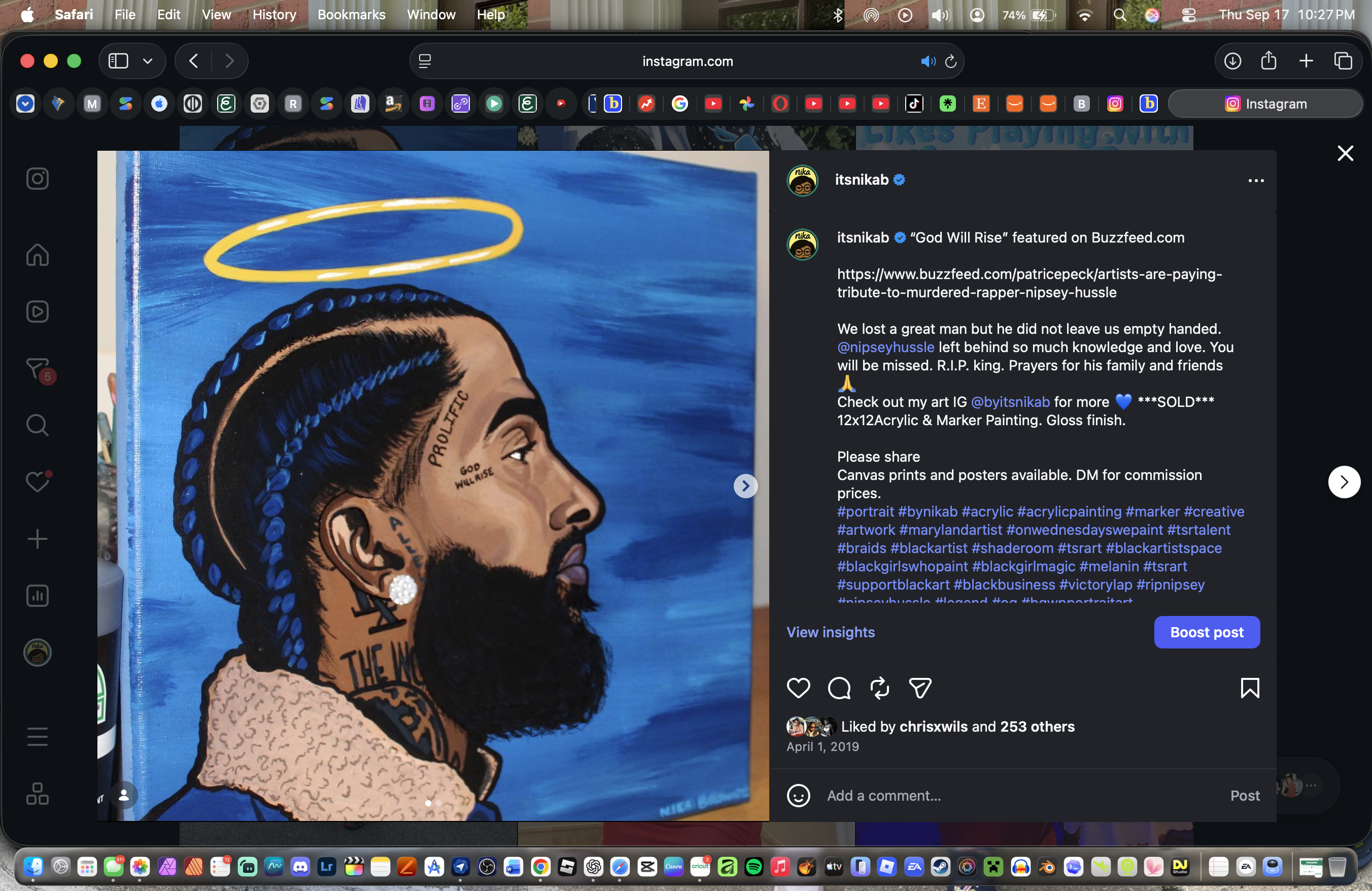 God Will Rise, Nika B’s painted portrait of Nipsey Hussle against a blue background with a yellow halo