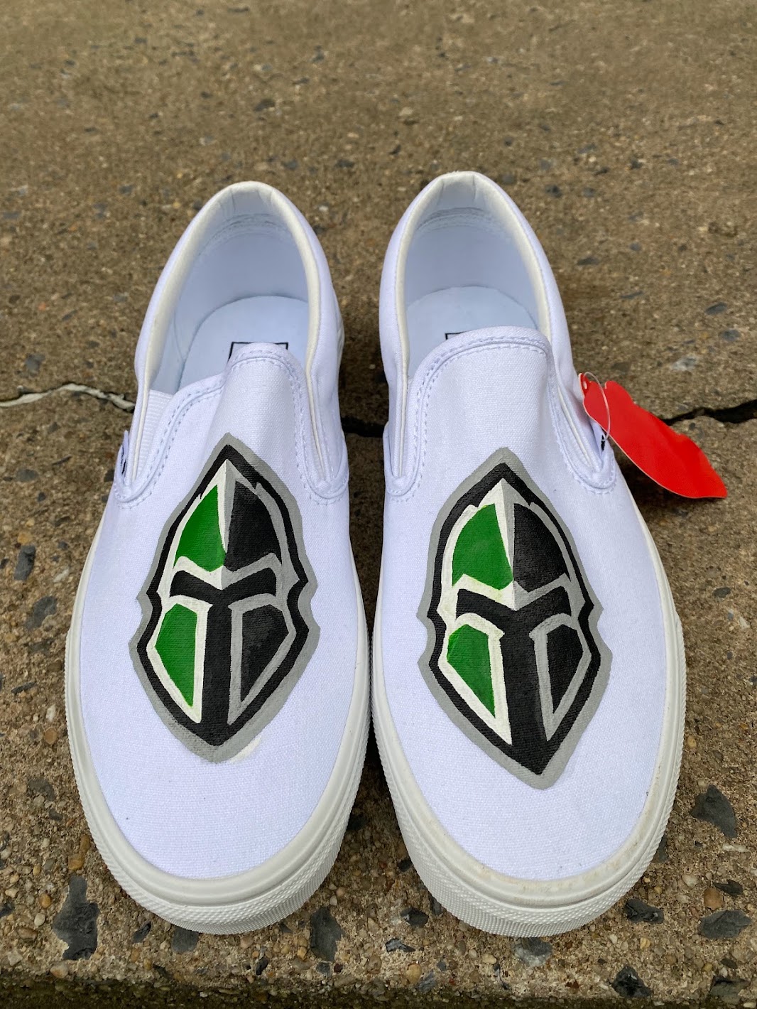 Green & black emblem Vans, hand-painted by Nika B