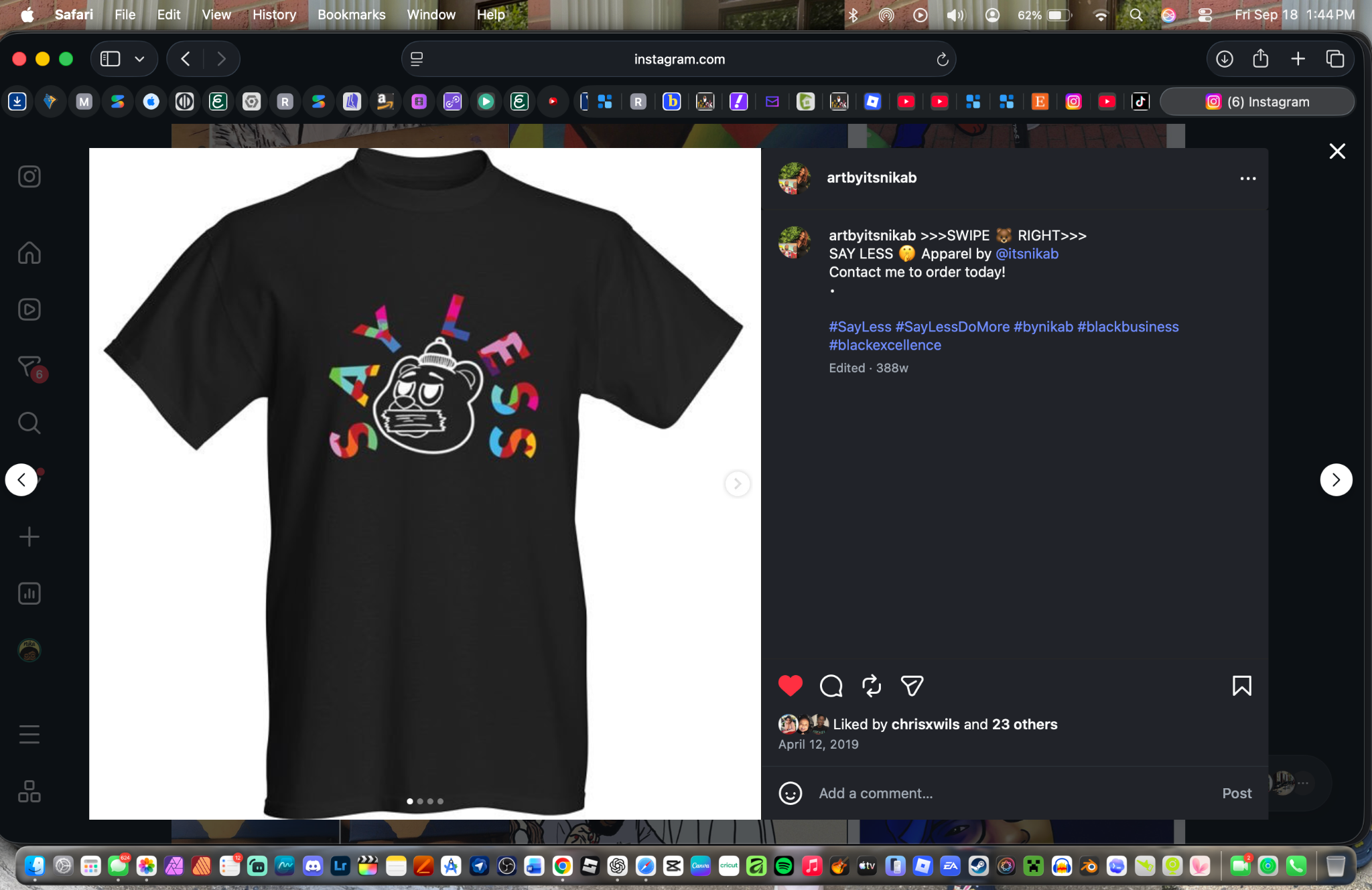 Black Say Less shirt from Nika B's earlier apparel collection with a colorful lettered bear graphic