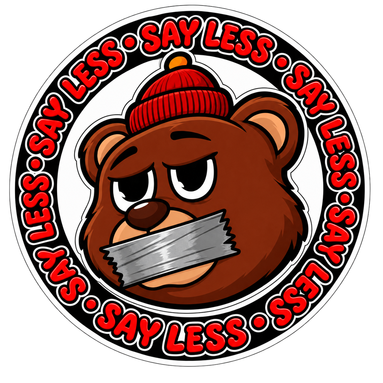SAY LESS bear mascot logo in red, black, and white
